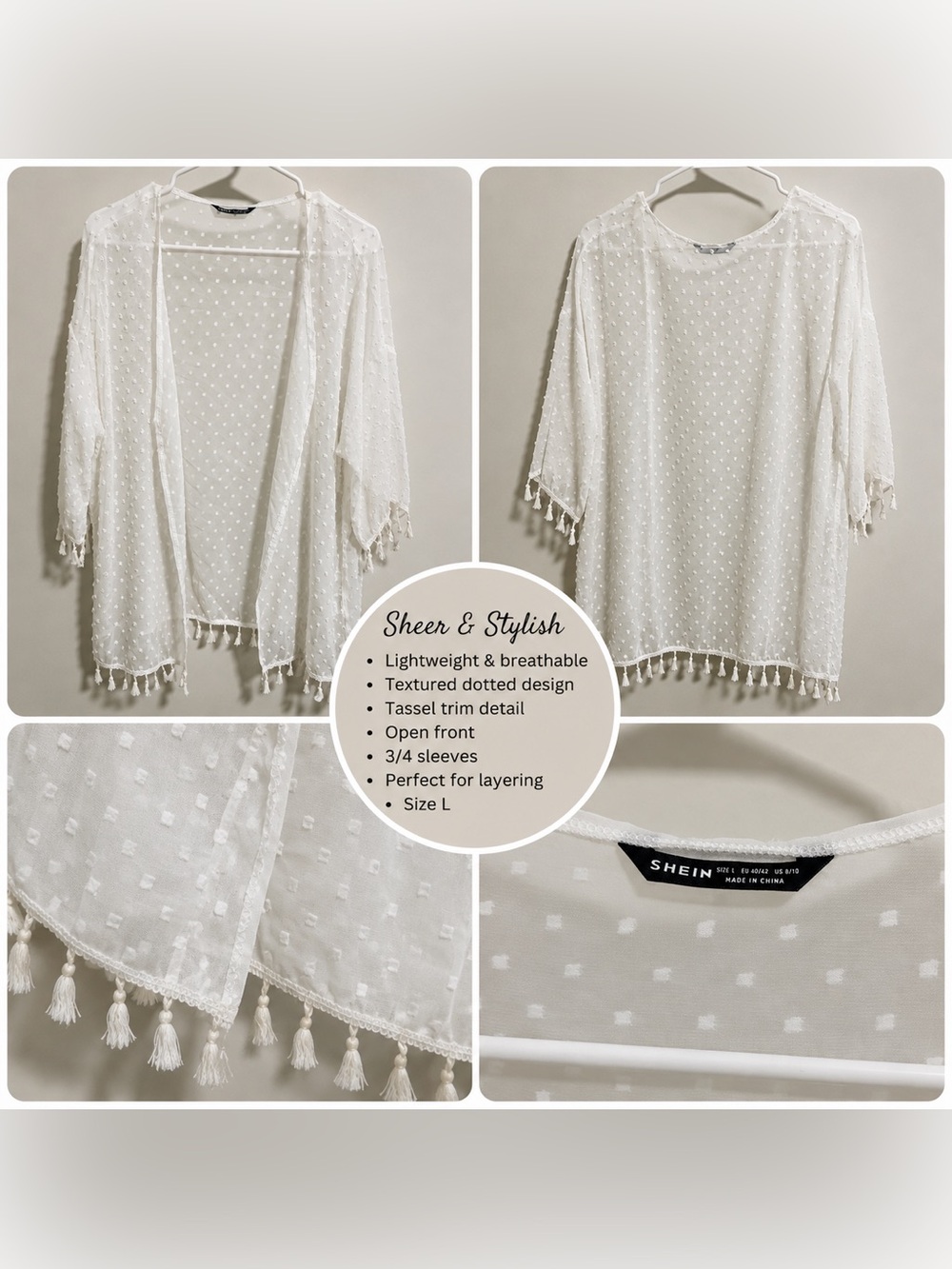 SHEIN White Swiss Dot Sheer Open-Front Cardigan with Tassels. Large.
